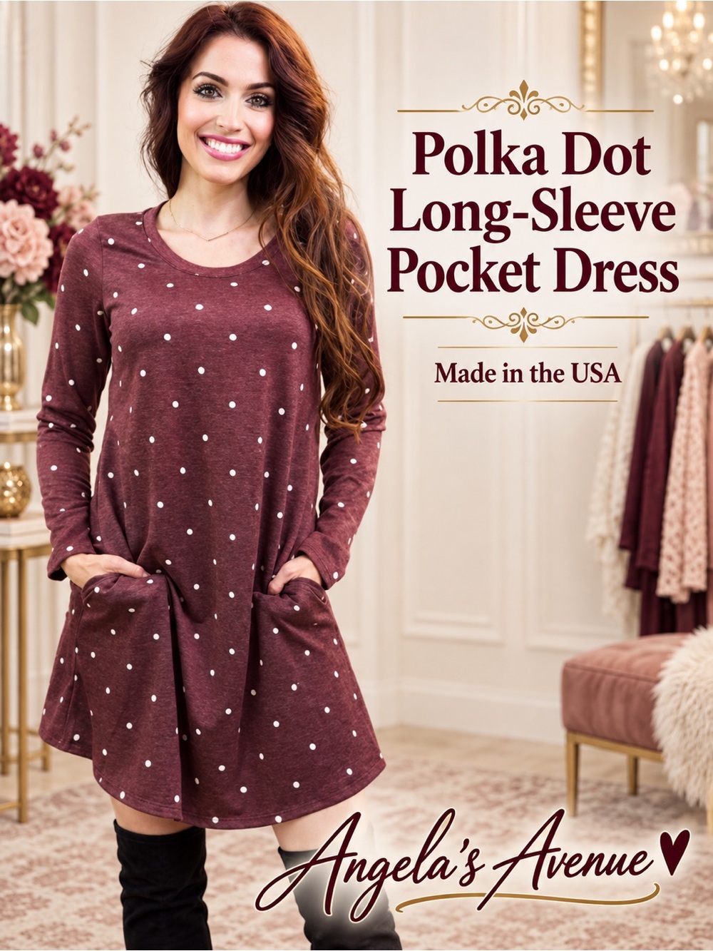 Polka Dot Long Sleeve Dress with Pockets NEW
